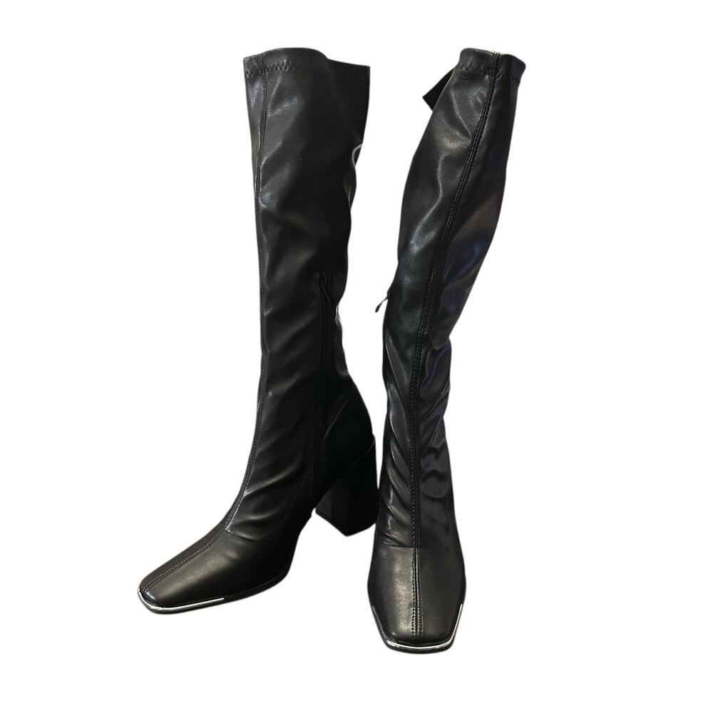 Pretty Little Thing Black Boots Square Toe Silver Calf Heeled Sock Boots Size 7 - Picture 4 of 8